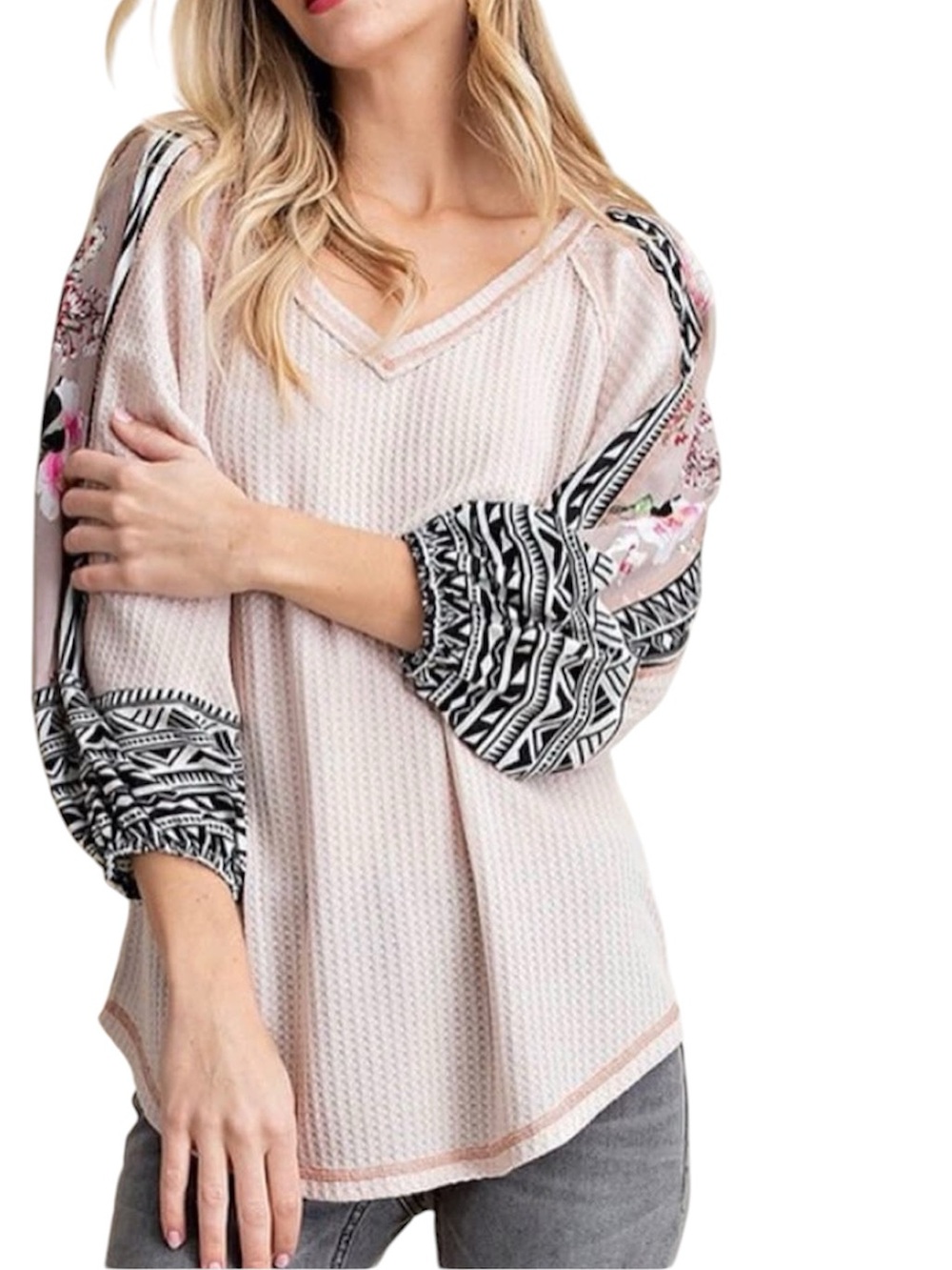 Kori Thermal Waffle Knit Mixed Print Tunic Top Blush Pink Size Large